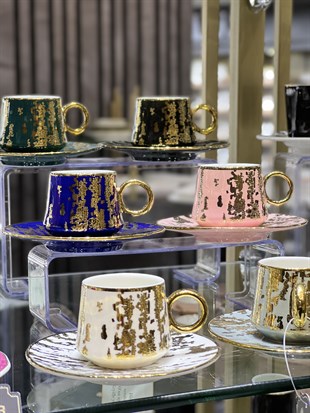 6'lı Lüks Porselen Gold Milano Renkli Kahve Fincanı